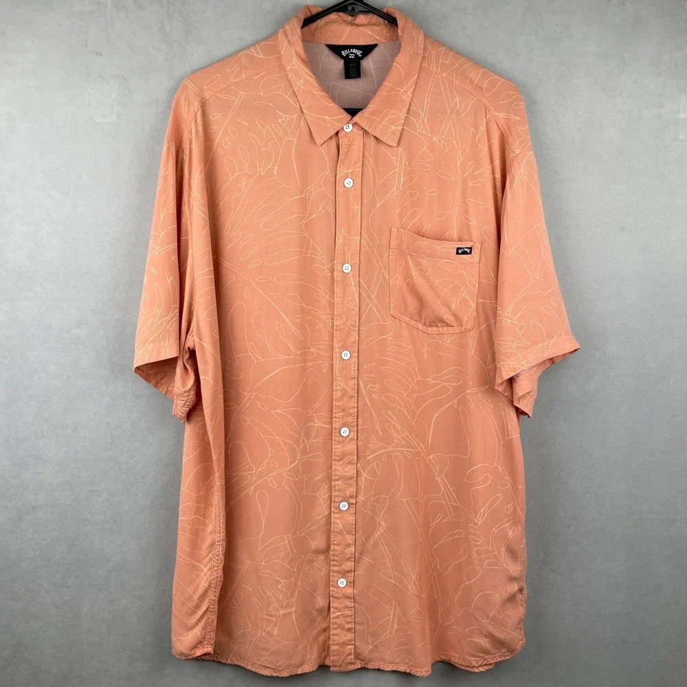 Billabong Patrick Mens L Peach Monstera Leaf Tropical Viscose Button Down Shirt
